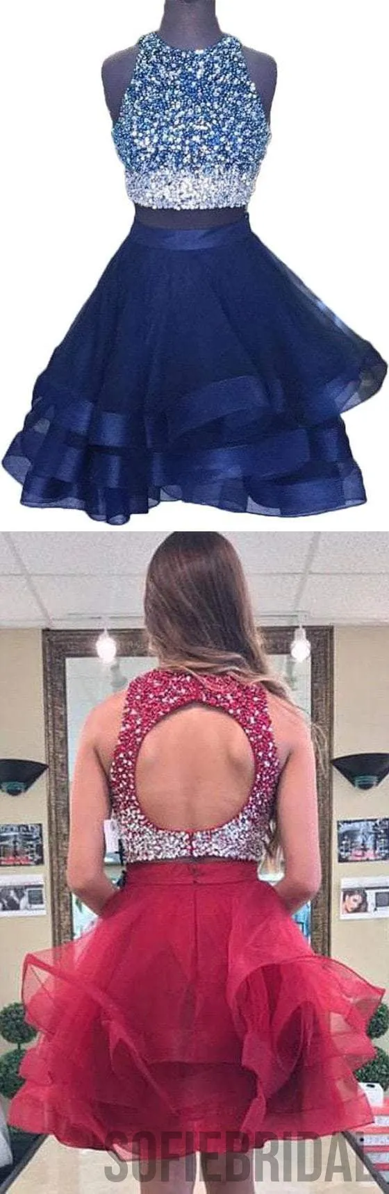 2 Pieces Beaded Tulle Homecoming Dresses, Open Back Homecoming Dresses, Homecoming Dresses, SF0123