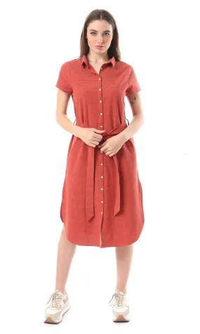 56524 Short Sleeves Buttoned Shirt Dress - Burnt Orange