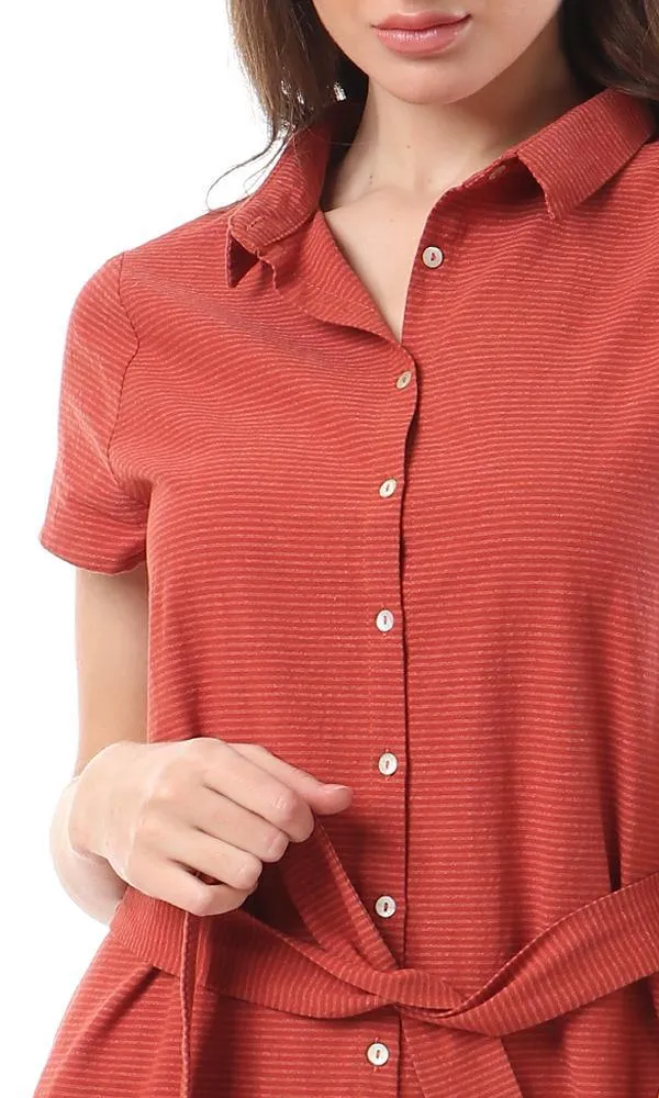 56524 Short Sleeves Buttoned Shirt Dress - Burnt Orange