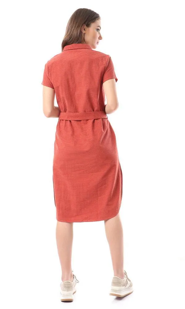 56524 Short Sleeves Buttoned Shirt Dress - Burnt Orange