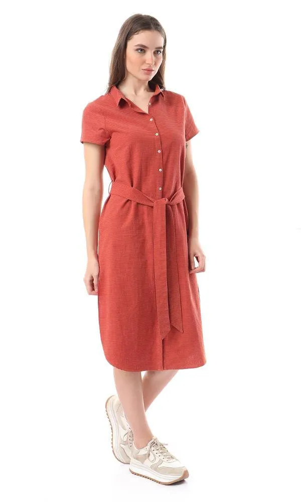 56524 Short Sleeves Buttoned Shirt Dress - Burnt Orange