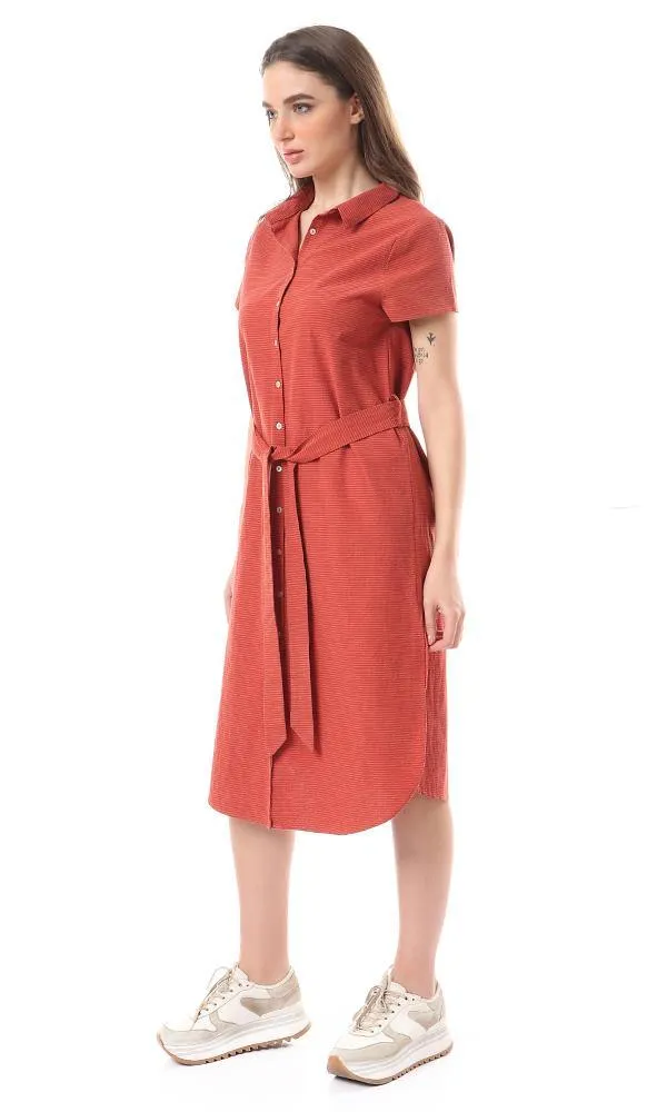 56524 Short Sleeves Buttoned Shirt Dress - Burnt Orange