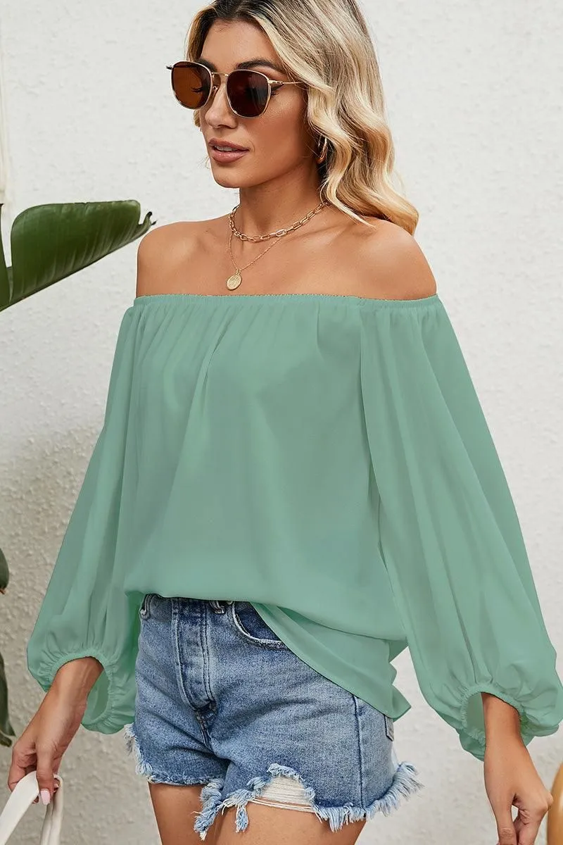 BALLON SLEEVE OFF SHOULDER CHIFFON BLOUSE