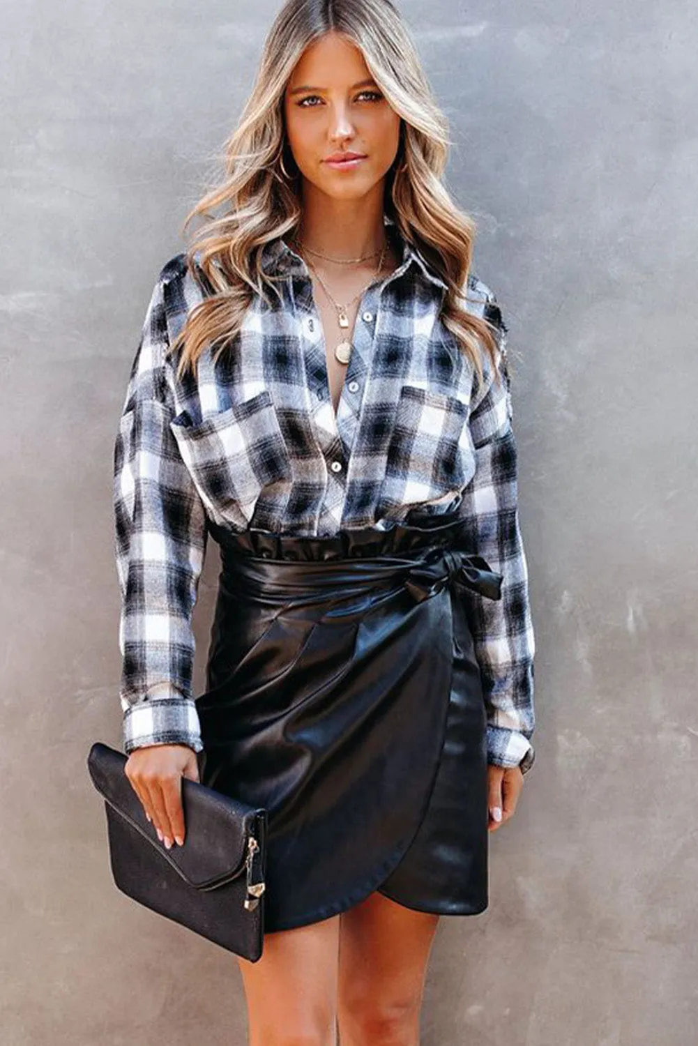 Black Faux Leather Wrap Mini Skirt