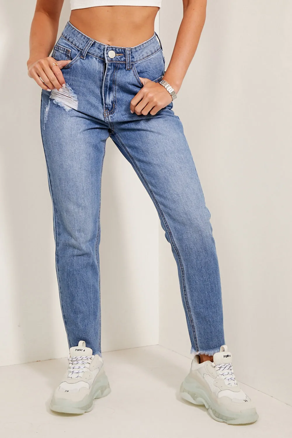 Blue Distressed Straight Leg Jeans