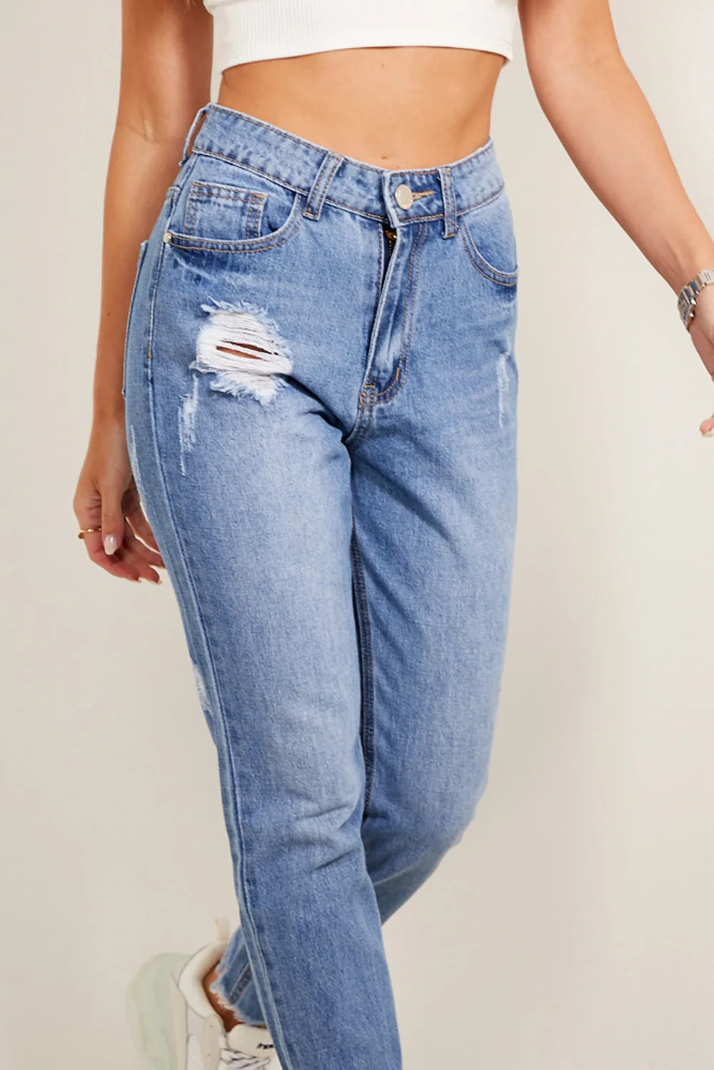 Blue Distressed Straight Leg Jeans
