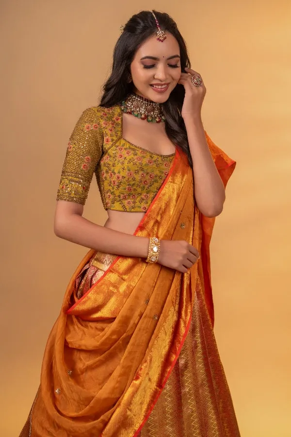 BRIDAL KANJEEVARAM HALF SAREE IN MUSTARD & RUST