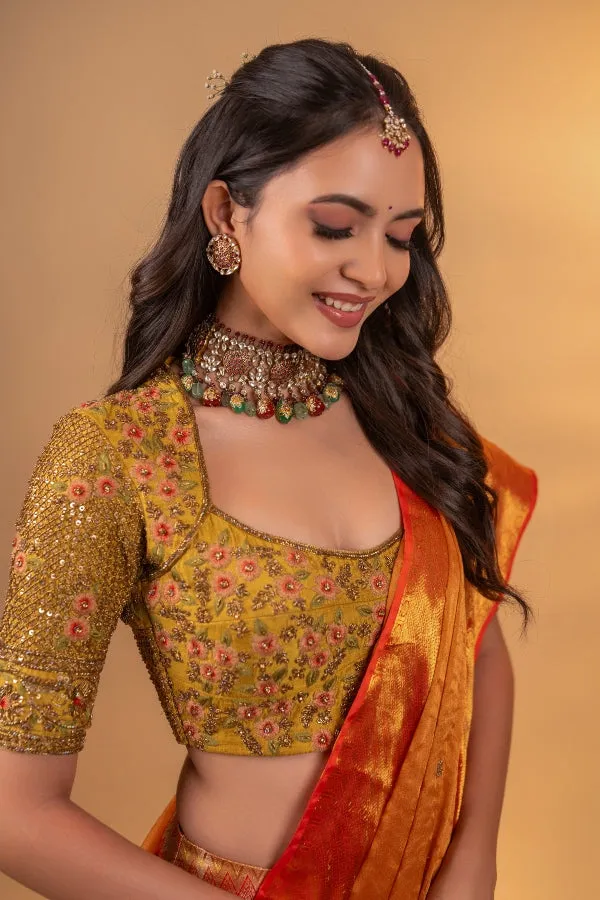 BRIDAL KANJEEVARAM HALF SAREE IN MUSTARD & RUST