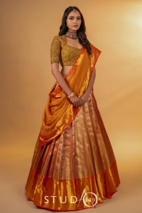BRIDAL KANJEEVARAM HALF SAREE IN MUSTARD & RUST