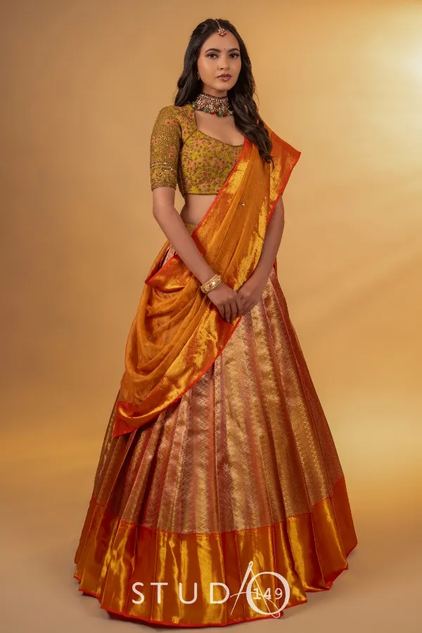 BRIDAL KANJEEVARAM HALF SAREE IN MUSTARD & RUST
