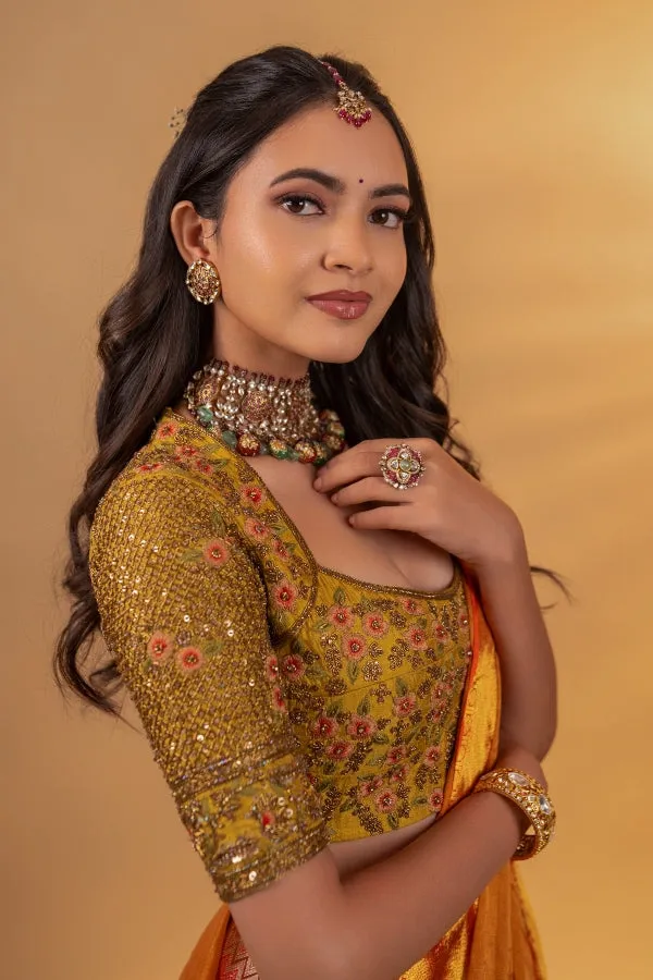BRIDAL KANJEEVARAM HALF SAREE IN MUSTARD & RUST