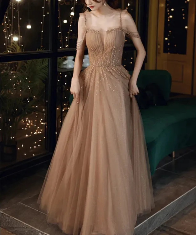 Champagne Beaded Tulle Straps Long Party Dresses A-line Tulle Formal Dresses Prom Dresses