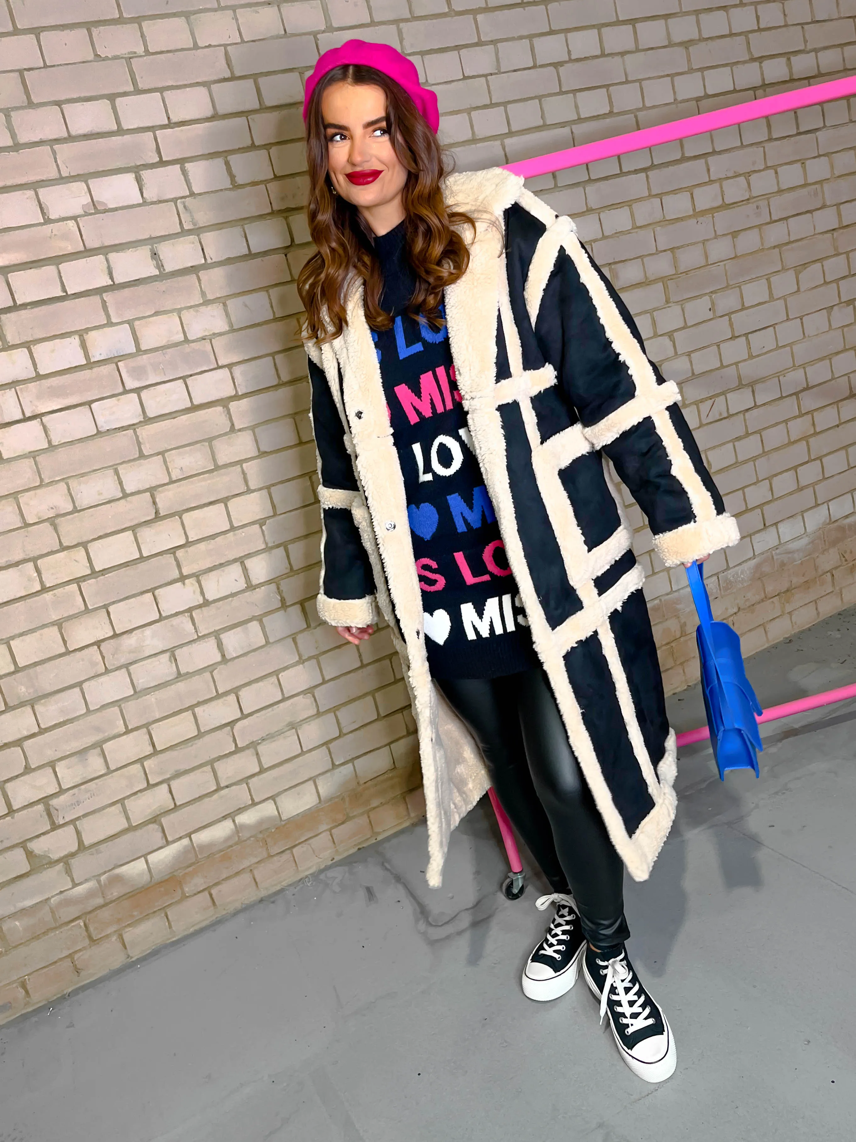 Chic And Cosy - Black Cream Faux Shearling Longline Coat