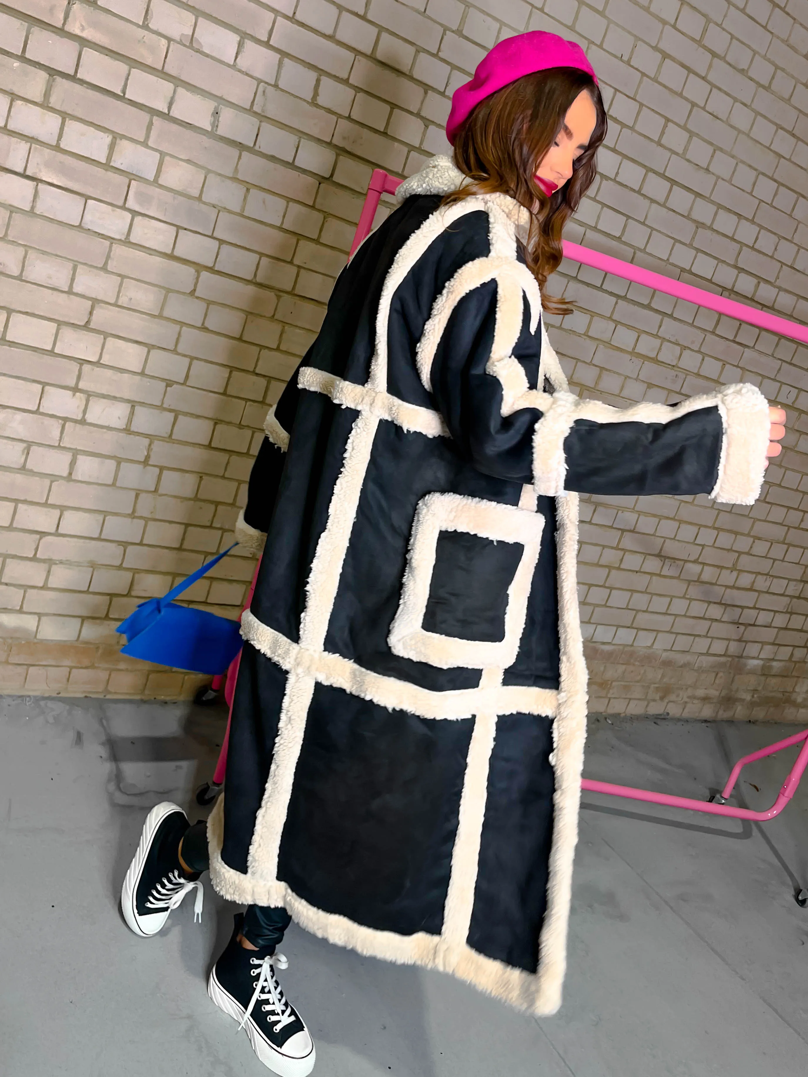 Chic And Cosy - Black Cream Faux Shearling Longline Coat