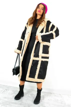 Chic And Cosy - Black Cream Faux Shearling Longline Coat