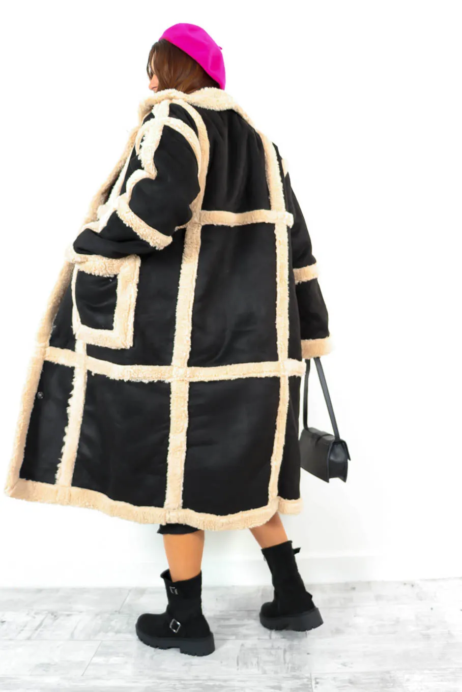 Chic And Cosy - Black Cream Faux Shearling Longline Coat