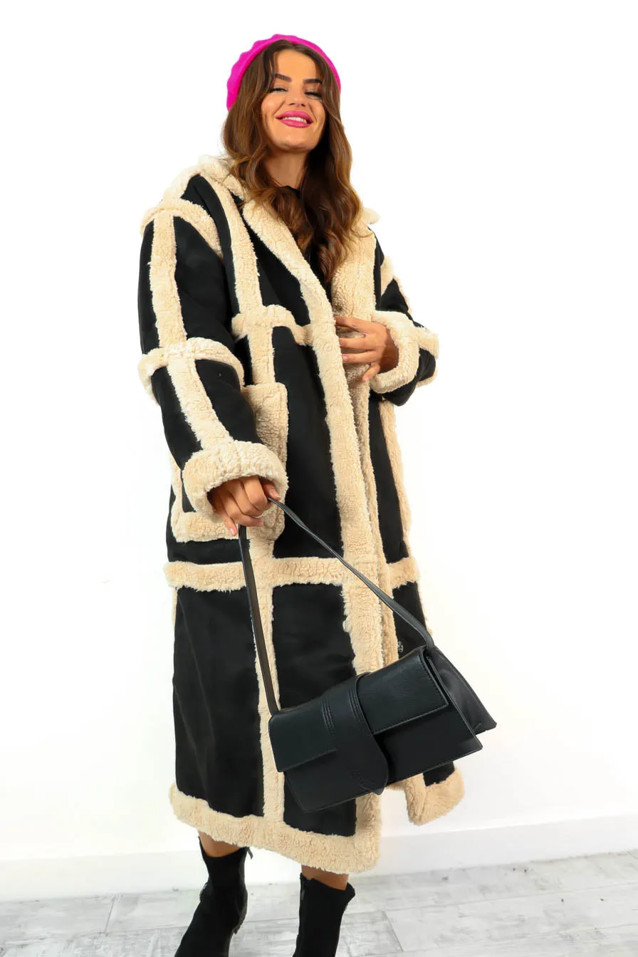 Chic And Cosy - Black Cream Faux Shearling Longline Coat