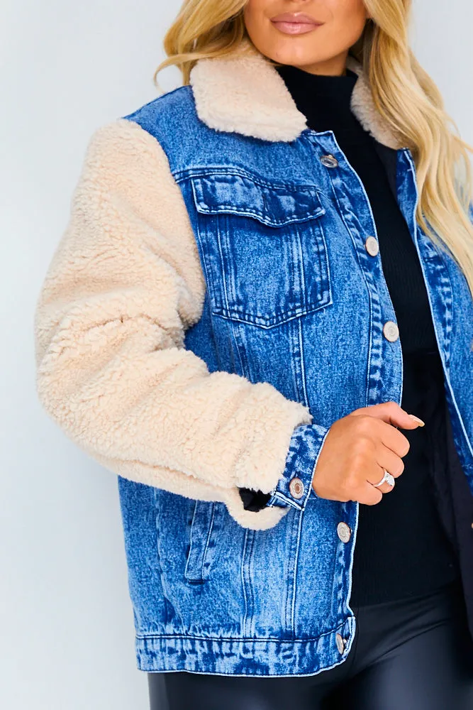 Courtney Blue Denim Contrast Teddy Fur Jacket