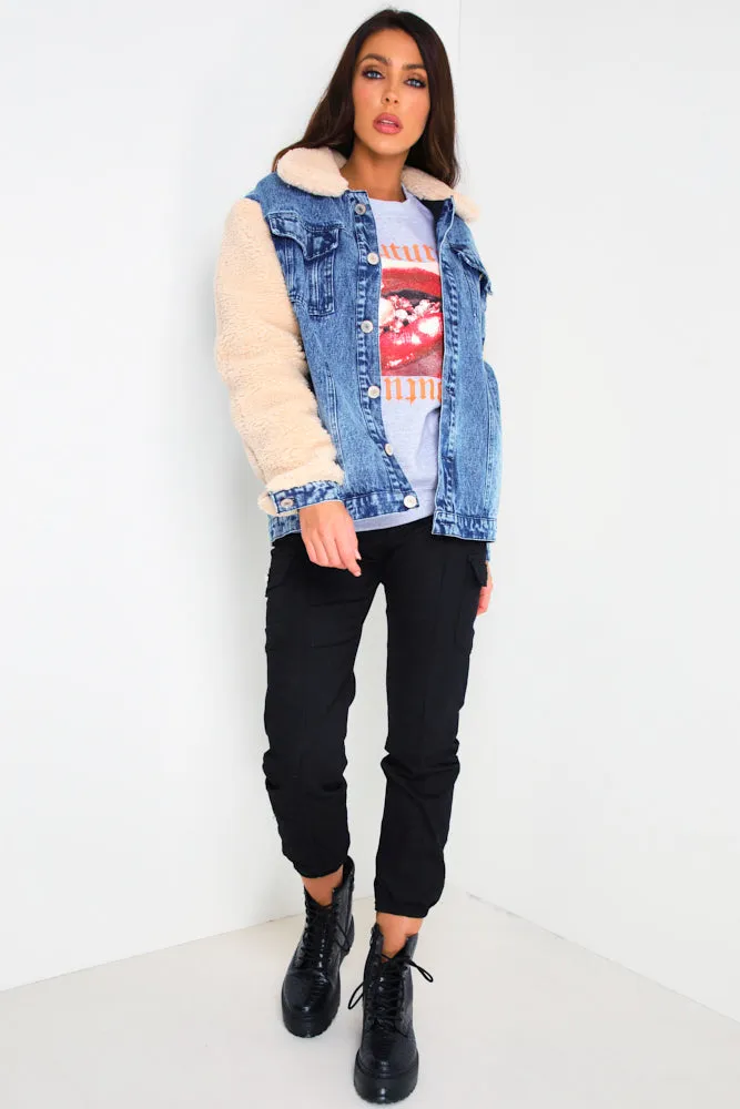 Courtney Blue Denim Contrast Teddy Fur Jacket