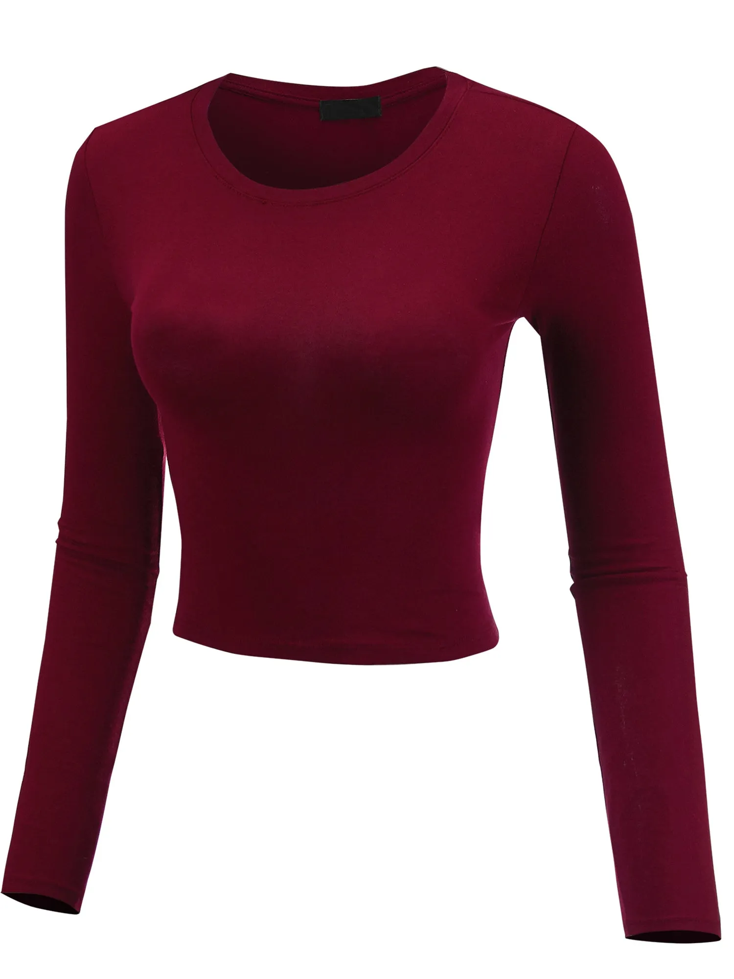 FashionMille Women Basic Casual Long Sleeve Stretch Solid Palin Crop Top Tee (FWT1085)