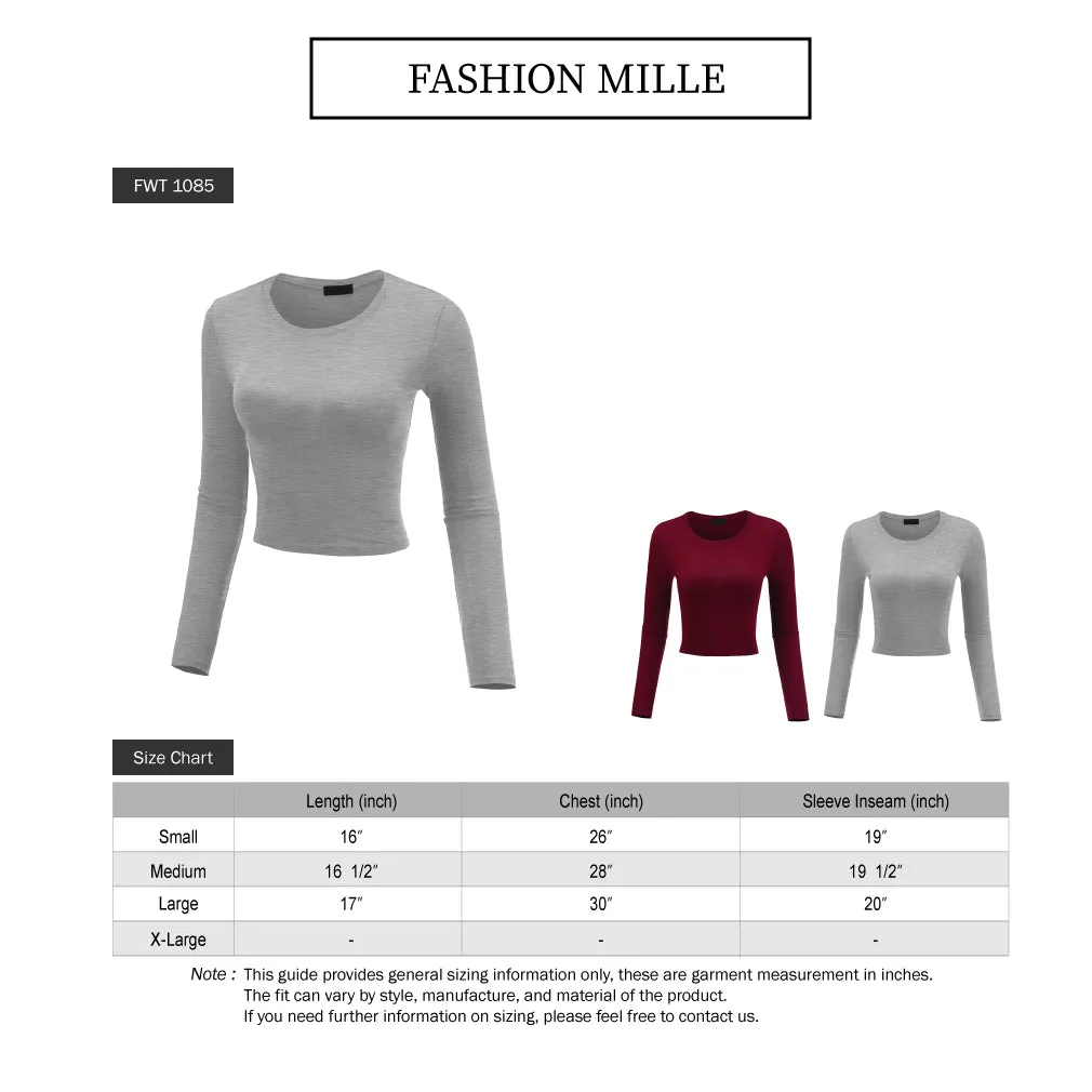 FashionMille Women Basic Casual Long Sleeve Stretch Solid Palin Crop Top Tee (FWT1085)