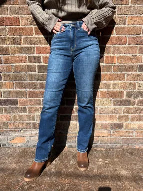 Judy Blue High Waist Contrast Wash Thermal Straight - Medium Dark