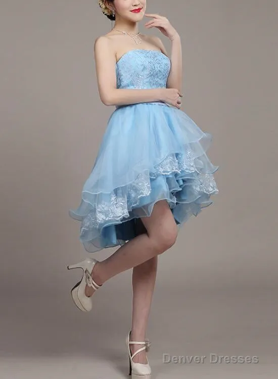 Light Blue Lace And Organza High Low Dresses, High Low Party Dresses, Cute Teen Dresses