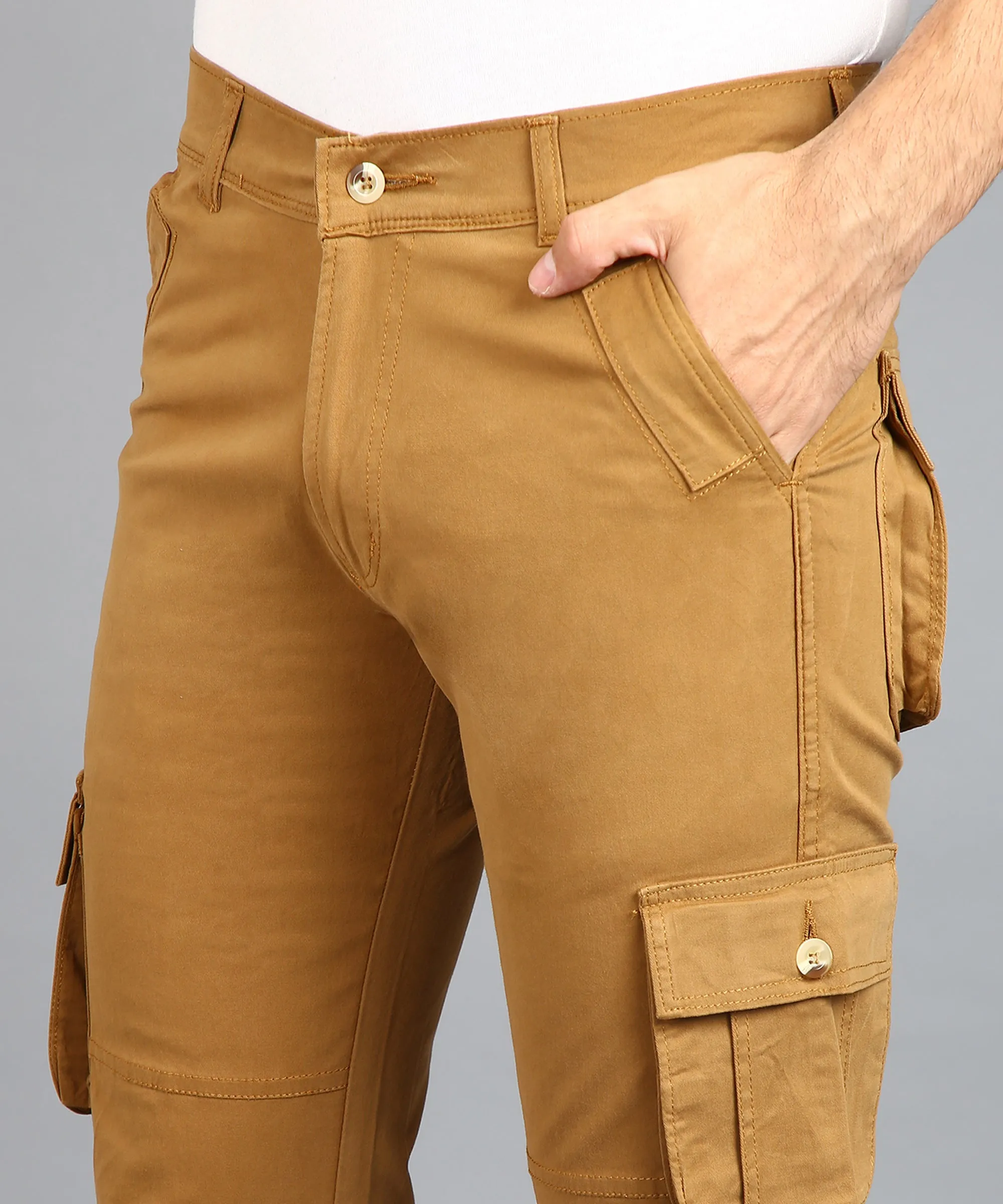 Men's Dark Khaki Regular Fit Solid Cargo Chino Pant with 6 Pockets