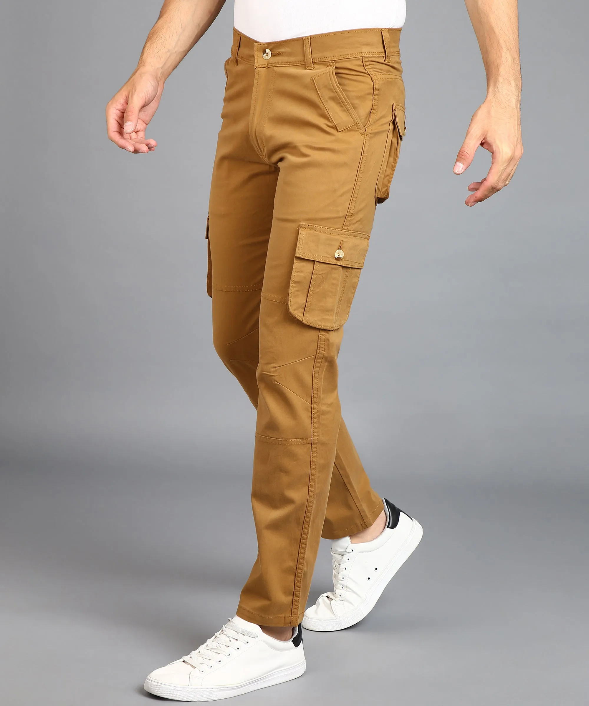 Men's Dark Khaki Regular Fit Solid Cargo Chino Pant with 6 Pockets