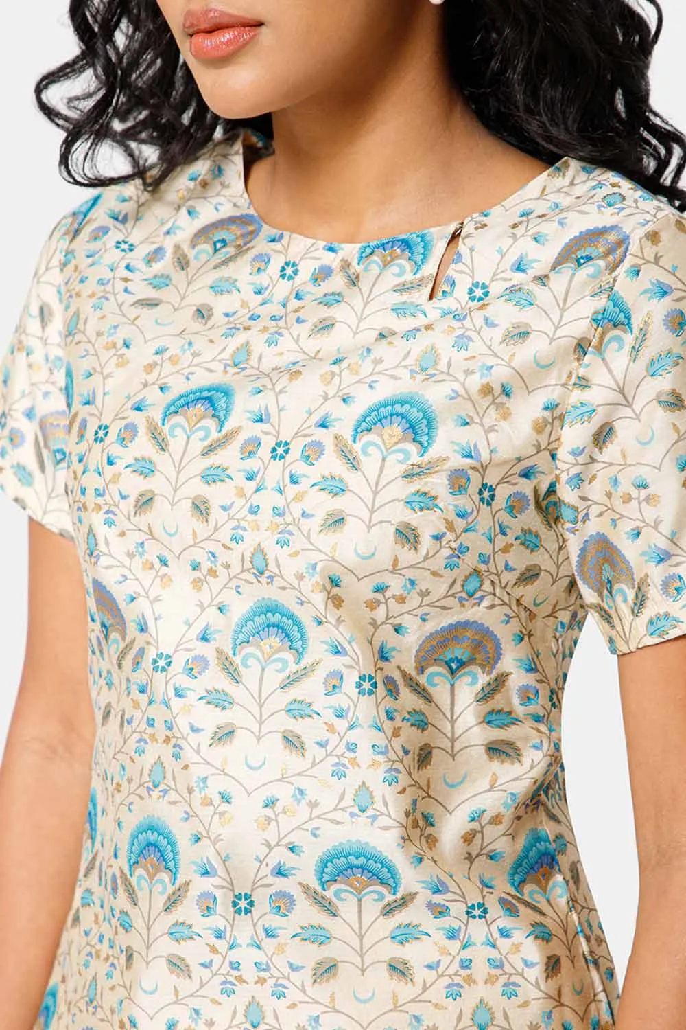 Mythri Boat Neck Short Sleeve Straight Kurti  - Blue -  KU57