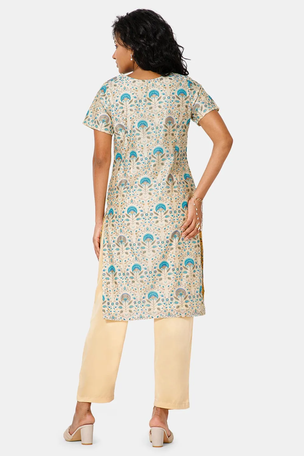Mythri Boat Neck Short Sleeve Straight Kurti  - Blue -  KU57