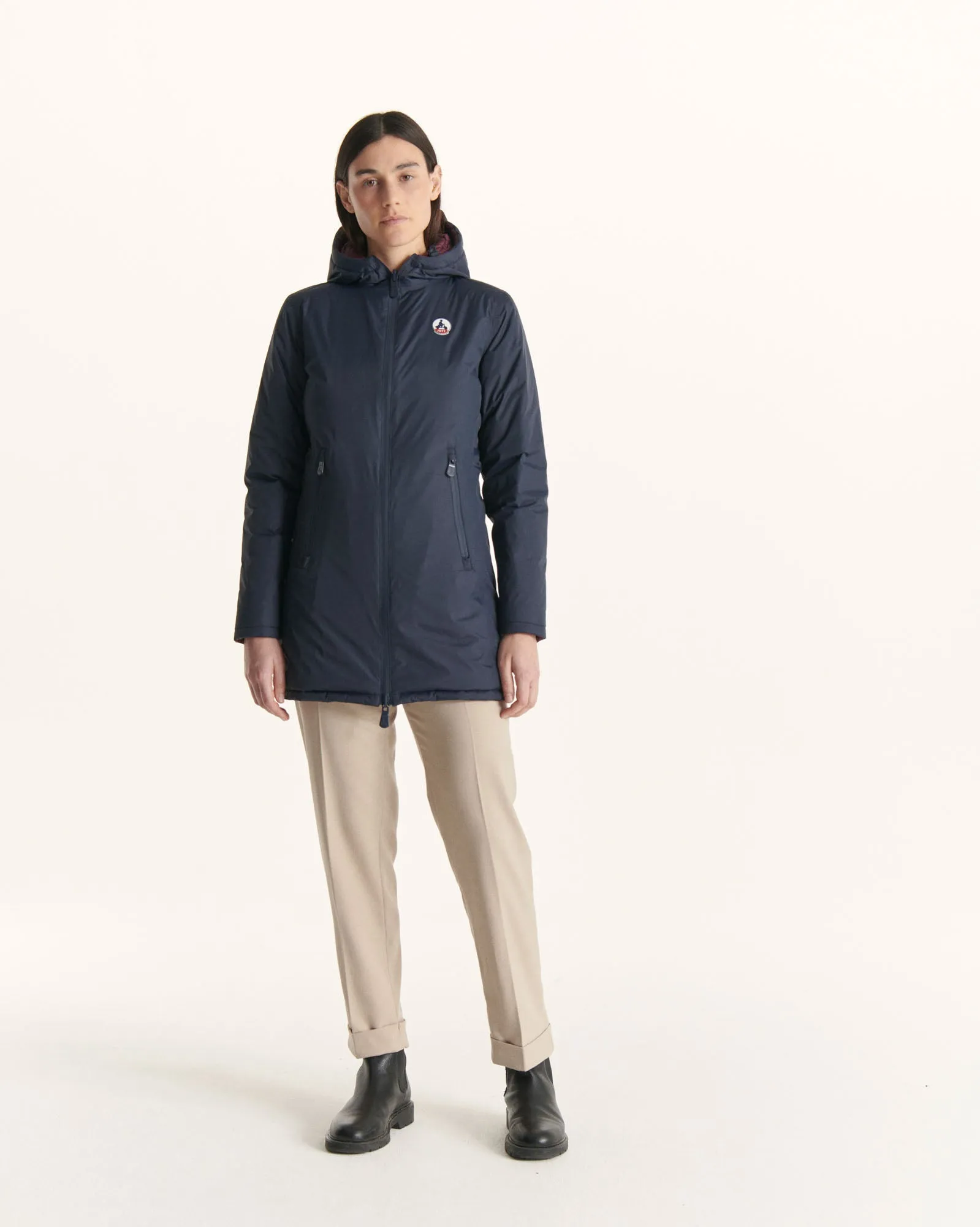 Navy/Aubergine Moscou reversible mid-length puffer jacket