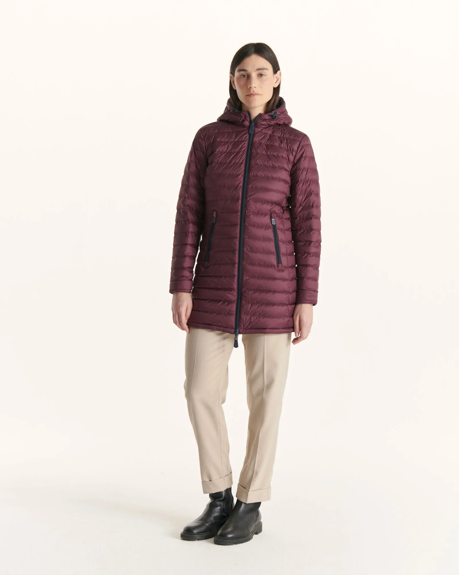 Navy/Aubergine Moscou reversible mid-length puffer jacket