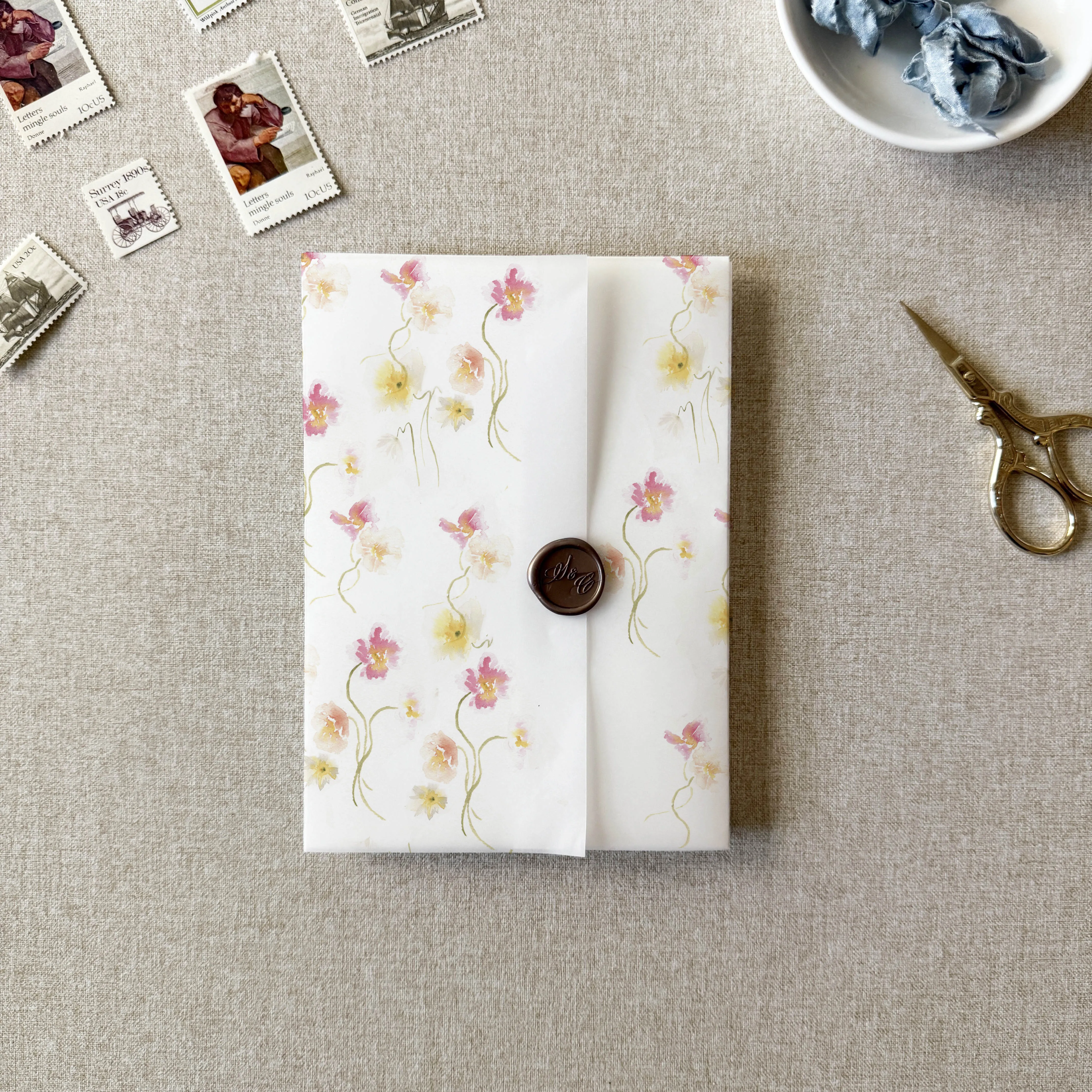 Pink and Yellow Poppy Floral Vellum Wrap | A7 or A6 | Set of 10