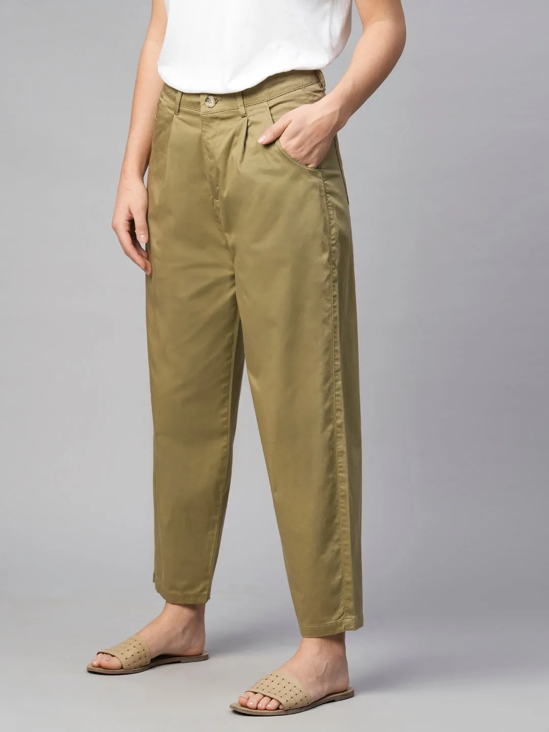 Women's Khaki Cotton Elastane Loose Fit Pant