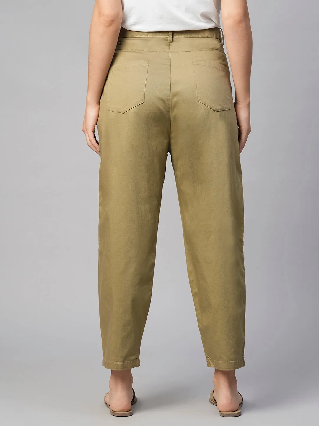 Women's Khaki Cotton Elastane Loose Fit Pant