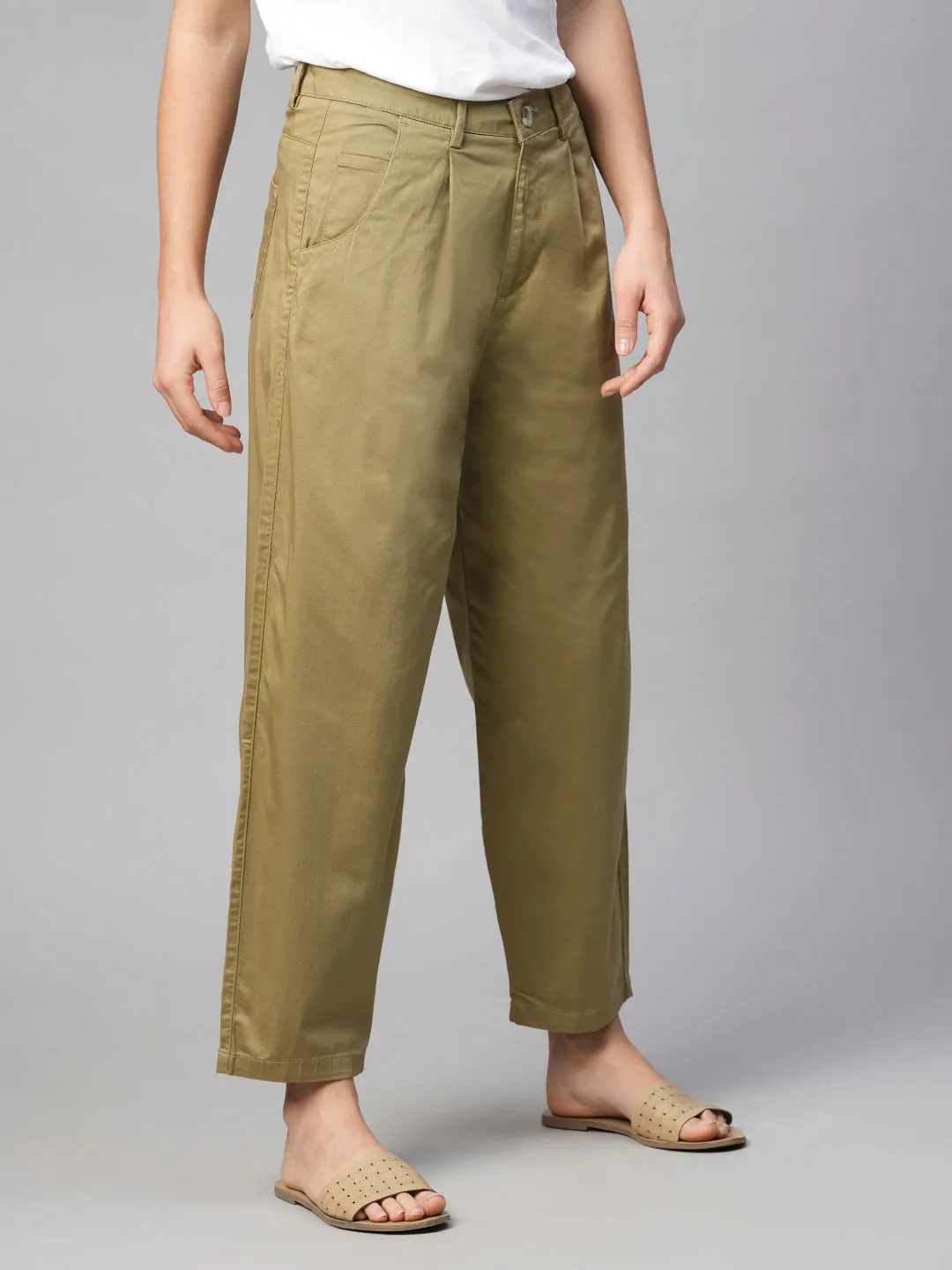 Women's Khaki Cotton Elastane Loose Fit Pant